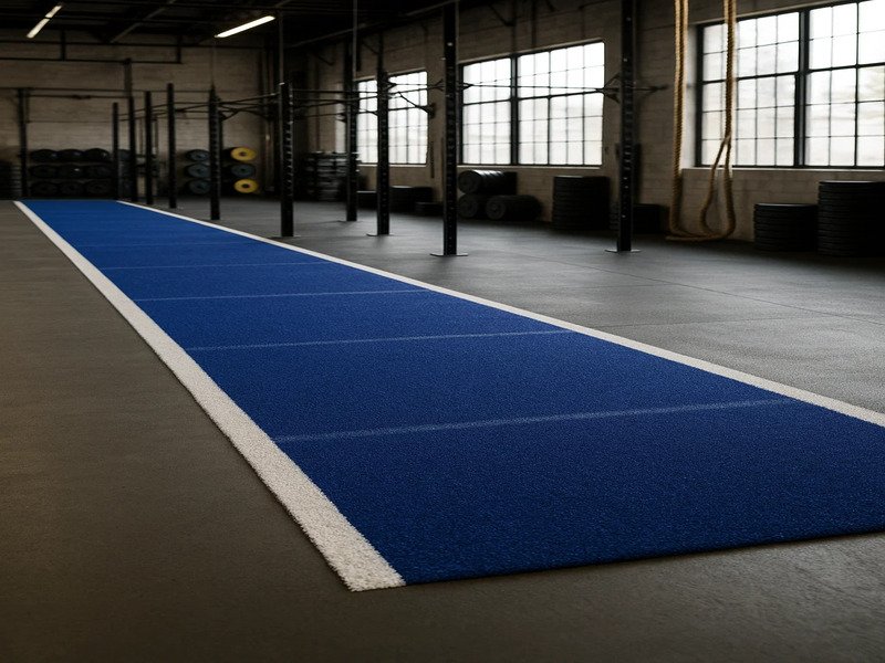 A person performing a heavy sled push on a green short-pile nylon workout turf track inside a gym.